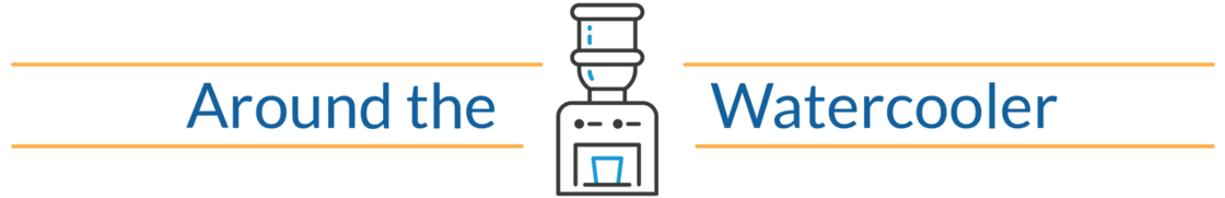 Around the watercooler text with yellow lines bordering the top and bottom and a water cooler icon in between the words The and Watercooler